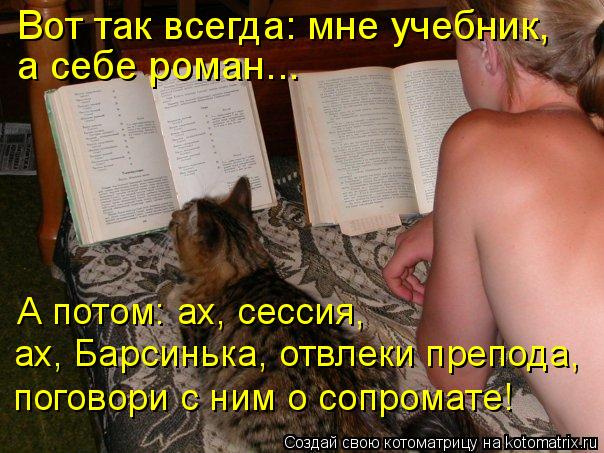 Котоматрица: Вот так всегда: мне учебник, а себе роман... А потом: ах, сессия,  ах, Барсинька, отвлеки препода, поговори с ним о сопромате!