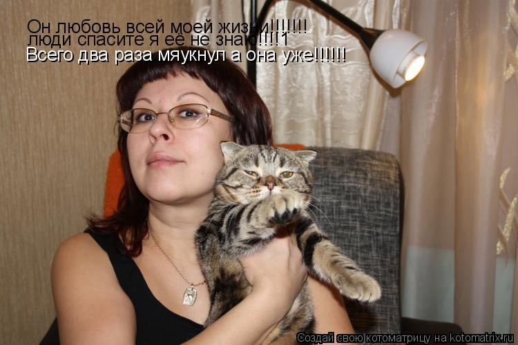 Котоматрица: Он любовь всей моей жизни!!!!!!! люди спасите я её не знаю!!!!1 Всего два раза мяукнул а она уже!!!!!!