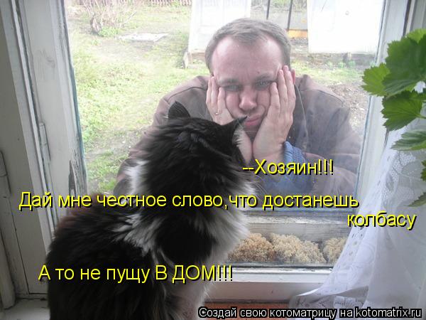 Котоматрица: Дай мне честное слово ,что достанешь --Хозяин!!! колбасу А то не пущу В ДОМ!!!