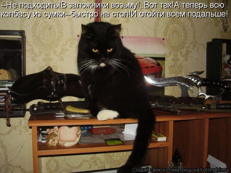 --Не подходить!В заложники возьму!..Вот так!А теперь всю колбасу из сумки--быстро на стол!И отойти вс... Котоматрица: --Не подходить!В заложники возьму!..Вот так!А теперь всю колбасу из сумки--быстро на стол!И отойти всем подальше!