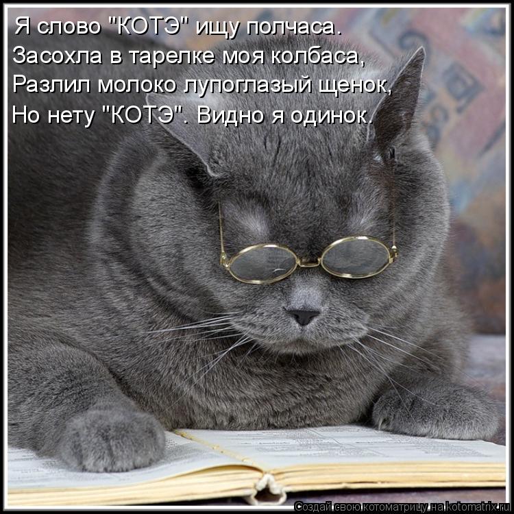 Я слово "КОТЭ" ищу полчаса. Засохла в тарелке моя колбаса, Разлил молоко лупоглазый щенок, Но нету "К... Котоматрица: Я слово "КОТЭ" ищу полчаса. Засохла в тарелке моя колбаса, Разлил молоко лупоглазый щенок, Но нету "КОТЭ"… Видно я одинок…