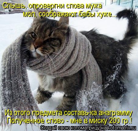 Из этого предмета составь-ка анаграмму Полученное слово - мне в миску 200 гр.! мол, соображают бабы ... Котоматрица: Из этого предмета составь-ка анаграмму Полученное слово - мне в миску 200 гр.! мол, соображают бабы хуже... Слышь, опровергни слова мужа