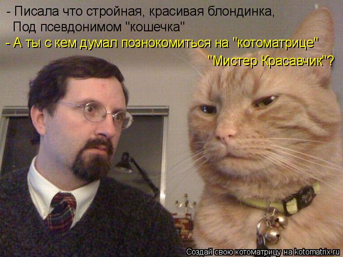 Котоматрица: - Писала что стройная, красивая блондинка, Под псевдонимом "кошечка" - А ты с кем думал познокомиться на "котоматрице" "Мистер Красавчик"?