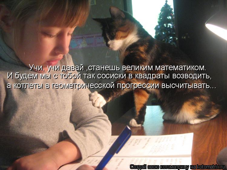 Учи, учи давай ,станешь великим математиком. И будем мы с тобой так сосиски в квадраты возводить, а к... Котоматрица: Учи, учи давай ,станешь великим математиком. И будем мы с тобой так сосиски в квадраты возводить, а котлеты в геометричесской прогрессии выс