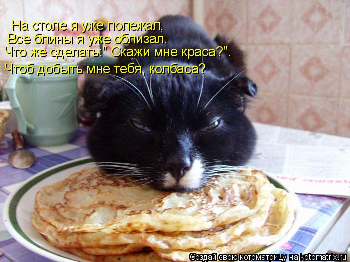 Котоматрица: На столе я уже полежал, Все блины я уже облизал. Что же сделать:" Скажи мне краса?". Чтоб добыть мне тебя, колбаса?