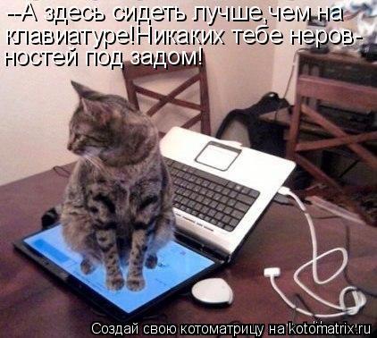 --А здесь сидеть лучше,чем на клавиатуре!Никаких тебе неров- ностей под задом!... Котоматрица: --А здесь сидеть лучше,чем на клавиатуре!Никаких тебе неров- ностей под задом!