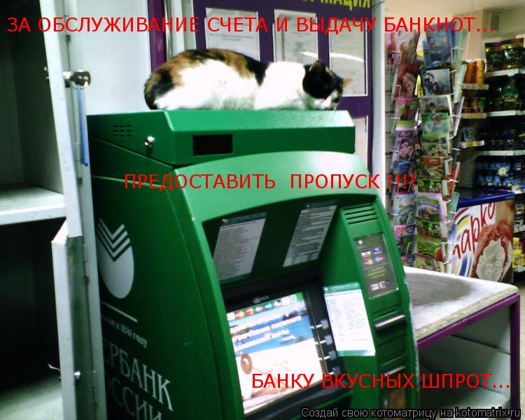 ЗА ОБСЛУЖИВАНИЕ СЧЕТА И ВЫДАЧУ БАНКНОТ... ПРЕДОСТАВИТЬ ПРОПУСК !!!! БАНКУ ВКУСНЫХ ШПРОТ...... Котоматрица: ЗА ОБСЛУЖИВАНИЕ СЧЕТА И ВЫДАЧУ БАНКНОТ... ПРЕДОСТАВИТЬ ПРОПУСК !!!! БАНКУ ВКУСНЫХ ШПРОТ...