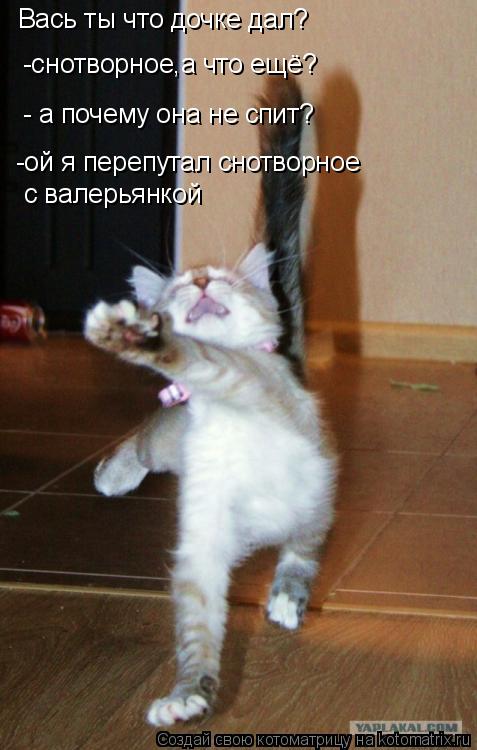 Вась ты что дочке дал? -снотворное,а что ещё? - а почему она не спит? -ой я перепутал снотворное с в... Котоматрица: Вась ты что дочке дал? -снотворное,а что ещё? - а почему она не спит? -ой я перепутал снотворное с валерьянкой