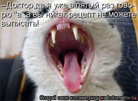 Котоматрица: --Доктор,да я уже в пятый раз гово- рю "а",а вы никак рецепт не можете выписать!