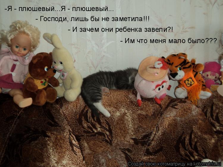 Котоматрица: -Я - плюшевый...Я - плюшевый... - Господи, лишь бы не заметила!!! - И зачем они ребенка завели?!  - Им что меня мало было???