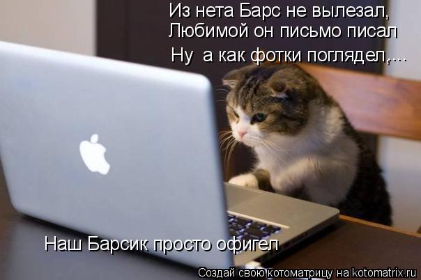 Котоматрица: Ну  а как фотки поглядел, Из нета Барс не вылезал, Любимой он письмо писал Наш Барсик просто офигел ....