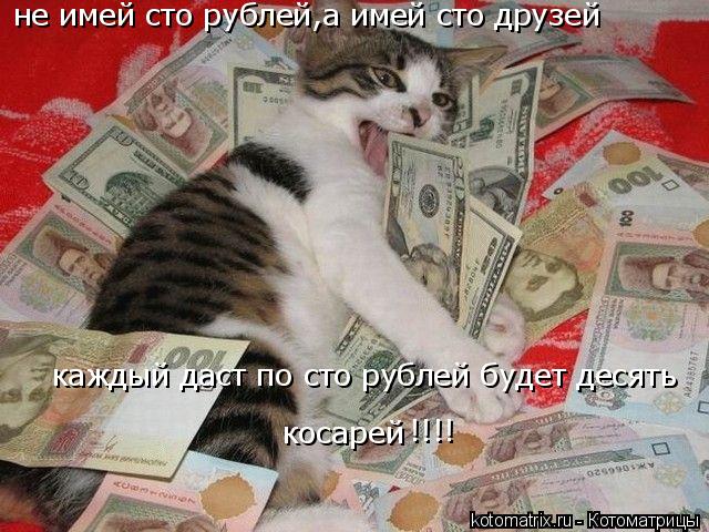Котоматрица: не имей сто рублей,а имей сто друзей  каждый даст по сто рублей будет десять  косарей !!!!
