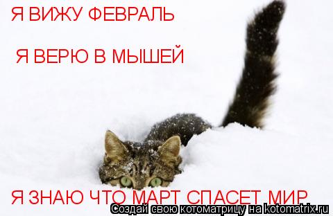 Котоматрица: Я ВИЖУ ФЕВРАЛЬ  Я ВЕРЮ В МЫШЕЙ Я ЗНАЮ ЧТО МАРТ СПАСЕТ МИР