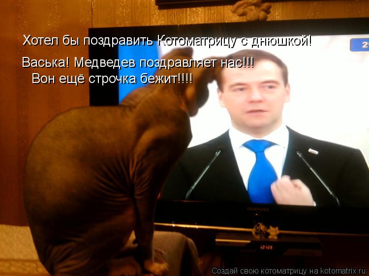 Хотел бы поздравить Котоматрицу с днюшкой! Васька! Медведев поздравляет нас!!! Вон ещё строчка бежит!... Котоматрица: Хотел бы поздравить Котоматрицу с днюшкой! Васька! Медведев поздравляет нас!!! Вон ещё строчка бежит!!!!