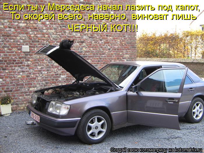 Если ты у Мерседеса начал лазить под капот, ЧЕРНЫЙ КОТ!!! То скорей всего, наверно, виноват лишь... Котоматрица: Если ты у Мерседеса начал лазить под капот, ЧЕРНЫЙ КОТ!!! То скорей всего, наверно, виноват лишь