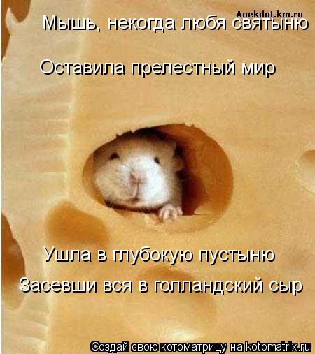 Котоматрица: Мышь, некогда любя святыню Оставила прелестный мир Ушла в глубокую пустыню Засевши вся в голландский сыр