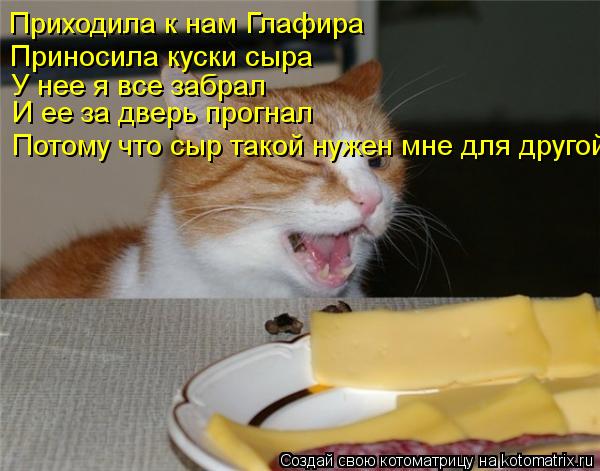 Приходила к нам Глафира Приносила куски сыра У нее я все забрал И ее за дверь прогнал Потому что сыр ... Котоматрица: Приходила к нам Глафира Приносила куски сыра У нее я все забрал И ее за дверь прогнал Потому что сыр такой нужен мне для другой