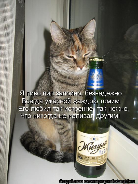 Я пиво пил запойно, безнадежно Всегда ужасной жаждою томим. Его любил так искренне, так нежно, Что ни... Котоматрица: Я пиво пил запойно, безнадежно Всегда ужасной жаждою томим. Его любил так искренне, так нежно, Что никогда не наливал другим!