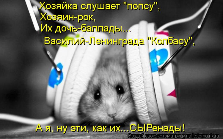 Хозяйка слушает "попсу", Хозяин-рок, Их дочь-баллады... Василий-Ленинграда "Колбасу", А я, ну эти, к... Котоматрица: Хозяйка слушает "попсу", Хозяин-рок, Их дочь-баллады... Василий-Ленинграда "Колбасу", А я, ну эти, как их...СЫРенады!