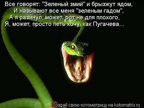 Все говорят: "Зеленый змий" и брызжут ядом, И называют все меня "зеленым гадом", А я разинул, может, ... Котоматрица: Все говорят: "Зеленый змий" и брызжут ядом, И называют все меня "зеленым гадом", А я разинул, может, рот не для плохого, Я, может, просто петь хоч
