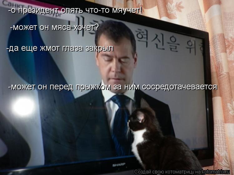 -о президент опять что-то мяучет! -да еще жмот глаза закрыл -может он мяса хочет? -может он перед пры... Котоматрица: -о президент опять что-то мяучет! -да еще жмот глаза закрыл -может он мяса хочет? -может он перед прыжком за ним сосредотачевается