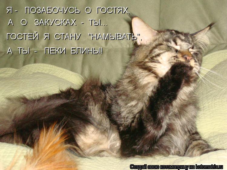 Я - ПОЗАБОЧУСЬ О ГОСТЯХ, А О ЗАКУСКАХ - ТЫ... ГОСТЕЙ Я СТАНУ "НАМЫВАТЬ", А ТЫ - ПЕК... Котоматрица: Я - ПОЗАБОЧУСЬ О ГОСТЯХ, А О ЗАКУСКАХ - ТЫ... ГОСТЕЙ Я СТАНУ "НАМЫВАТЬ", А ТЫ - ПЕКИ БЛИНЫ!