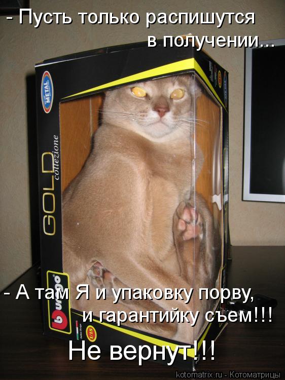 - Пусть только распишутся - А там Я и упаковку порву, и гарантийку съем!!! в получении... Не вернут!... Котоматрица: - Пусть только распишутся - А там Я и упаковку порву, и гарантийку съем!!! в получении... Не вернут!!!