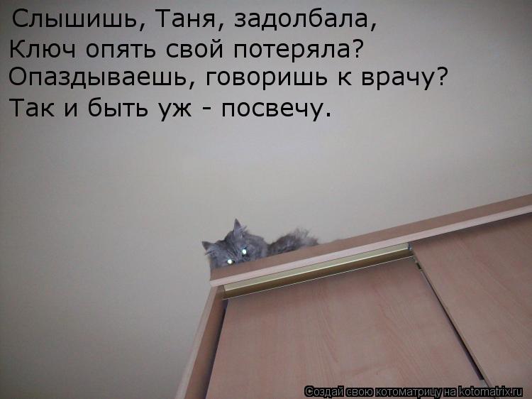 Котоматрица: Слышишь, Таня, задолбала, Ключ опять свой потеряла? Опаздываешь, говоришь к врачу? Так и быть уж - посвечу.