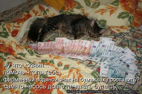 ну что хозяин... фирменный водяной знак на бумажках проставить? помочь чтоль тебе... сам-то небось до... Котоматрица: ну что хозяин... фирменный водяной знак на бумажках проставить? помочь чтоль тебе... сам-то небось долго печатать будешь...