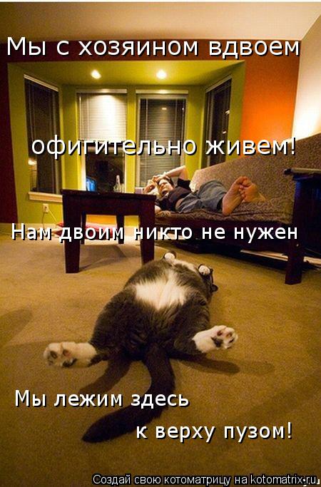 Мы с хозяином вдвоем офигительно живем! Нам двоим никто не нужен Мы лежим здесь к верху пузом!... Котоматрица: Мы с хозяином вдвоем офигительно живем! Нам двоим никто не нужен Мы лежим здесь к верху пузом!