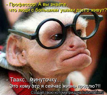 - Профессор! А вы знаете, что люди с большими ушами долго живут? - Таакс...минуточку... Это кому это ... Котоматрица: - Профессор! А вы знаете, что люди с большими ушами долго живут? - Таакс...минуточку... Это кому это я сейчас жизнь продлю?!!