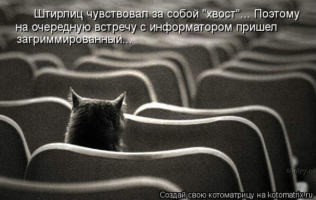Штирлиц чувствовал за собой "хвост"... Поэтому на очередную встречу с информатором пришел загриммир... Котоматрица: Штирлиц чувствовал за собой "хвост"... Поэтому на очередную встречу с информатором пришел загриммированный...