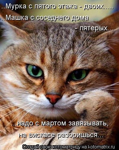 Котоматрица: ..Мурка с пятого этажа - двоих..... ..Машка с соседнего дома - пятерых... ...надо с мартом завязывать, на вискасе разоришься...