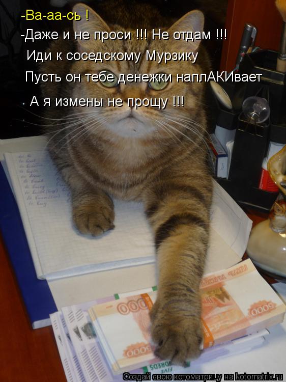 Котоматрица: -Ва-аа-сь ! -Даже и не проси !!! Не отдам !!! Иди к соседскому Мурзику  Пусть он тебе денежки наплАКИвает А я измены не прощу !!!