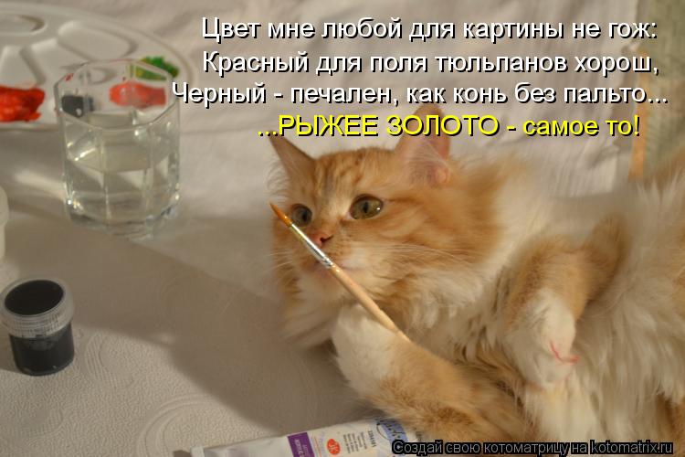 Цвет мне любой для картины не гож: Красный для поля тюльпанов хорош, Черный - печален, как конь без п... Котоматрица: Цвет мне любой для картины не гож: Красный для поля тюльпанов хорош, Черный - печален, как конь без пальто... ...РЫЖЕЕ ЗОЛОТО - самое то!