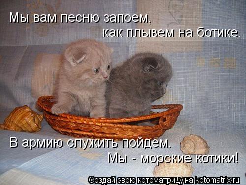 Мы вам песню запоем, как плывем на ботике. В армию служить пойдем. Мы - морские котики!... Котоматрица: Мы вам песню запоем, как плывем на ботике. В армию служить пойдем. Мы - морские котики!