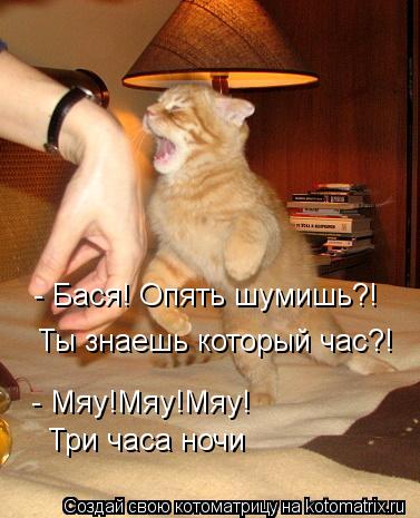 - Бася! Опять шумишь?! Ты знаешь который час?! - Мяу!Мяу!Мяу! Три часа ночи... Котоматрица: - Бася! Опять шумишь?! Ты знаешь который час?! - Мяу!Мяу!Мяу! Три часа ночи