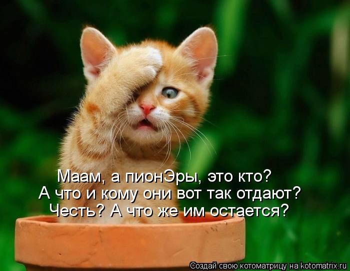 Маам, а пионЭры, это кто? А что и кому они вот так отдают? Честь? А что же им остается?... Котоматрица: Маам, а пионЭры, это кто? А что и кому они вот так отдают? Честь? А что же им остается?
