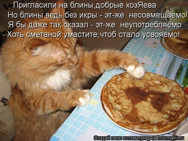 Пригласили на блины,добрые хозЯева Но блины ведь без икры - эт-же несовмещаемо! Я бы даже так сказал... Котоматрица: Пригласили на блины,добрые хозЯева Но блины ведь без икры - эт-же несовмещаемо! Я бы даже так сказал - эт-же неупотребляемо Хоть сметаной ум