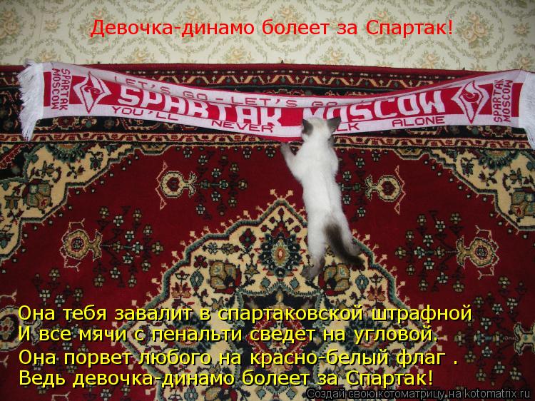 Она тебя завалит в спартаковской штрафной И все мячи с пенальти сведет на угловой… Она порвет любого ... Котоматрица: Она тебя завалит в спартаковской штрафной И все мячи с пенальти сведет на угловой… Она порвет любого на красно-белый флаг – Ведь девочка-д