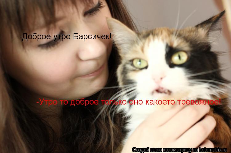 -Доброе утро Барсичек! -Утро то доброе только оно какоето тревожное!... Котоматрица: -Доброе утро Барсичек! -Утро то доброе только оно какоето тревожное!