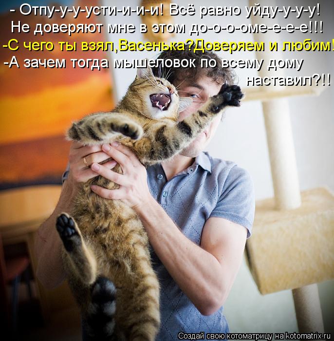 - Отпу-у-у-усти-и-и-и! Всё равно уйду-у-у-у! Не доверяют мне в этом до-о-о-оме-е-е-е!!! -С чего ты в... Котоматрица: - Отпу-у-у-усти-и-и-и! Всё равно уйду-у-у-у! Не доверяют мне в этом до-о-о-оме-е-е-е!!! -С чего ты взял,Васенька?Доверяем и любим! -А зачем тогда мыш