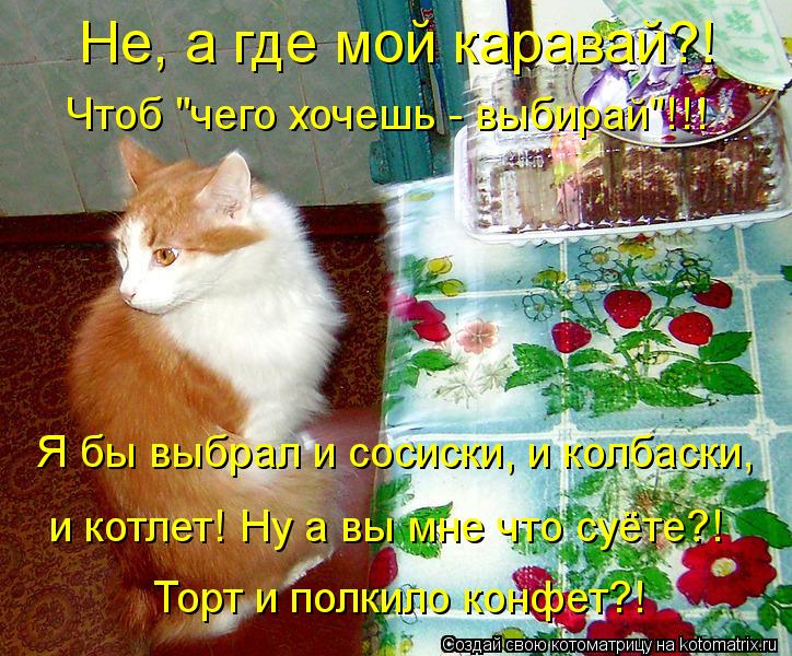 Не, а где мой каравай?! Чтоб "чего хочешь - выбирай"!!! Я бы выбрал и сосиски, и колбаски, и котлет! ... Котоматрица: Не, а где мой каравай?! Чтоб "чего хочешь - выбирай"!!! Я бы выбрал и сосиски, и колбаски, и котлет! Ну а вы мне что суёте?! Торт и полкило конфет?!