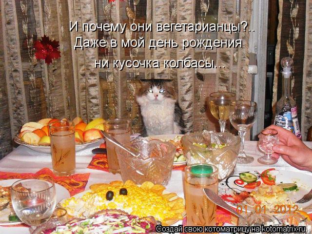И почему они вегетарианцы?.. Даже в мой день рождения ни кусочка колбасы...... Котоматрица: И почему они вегетарианцы?.. Даже в мой день рождения ни кусочка колбасы...