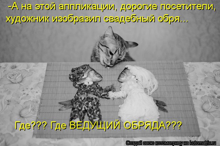 Котоматрица: -А на этой аппликации, дорогие посетители, художник изобразил свадебный обря... Где??? Где ВЕДУЩИЙ ОБРЯДА???