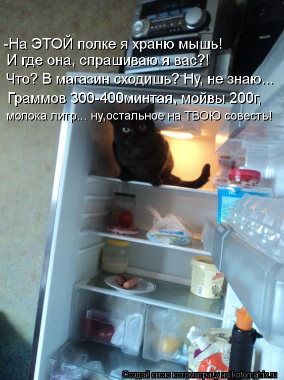-На ЭТОЙ полке я храню мышь! И где она, спрашиваю я вас?! Что? В магазин сходишь? Ну, не знаю... Грам... Котоматрица: -На ЭТОЙ полке я храню мышь! И где она, спрашиваю я вас?! Что? В магазин сходишь? Ну, не знаю... Граммов 300-400минтая, мойвы 200г, молока литр... ну