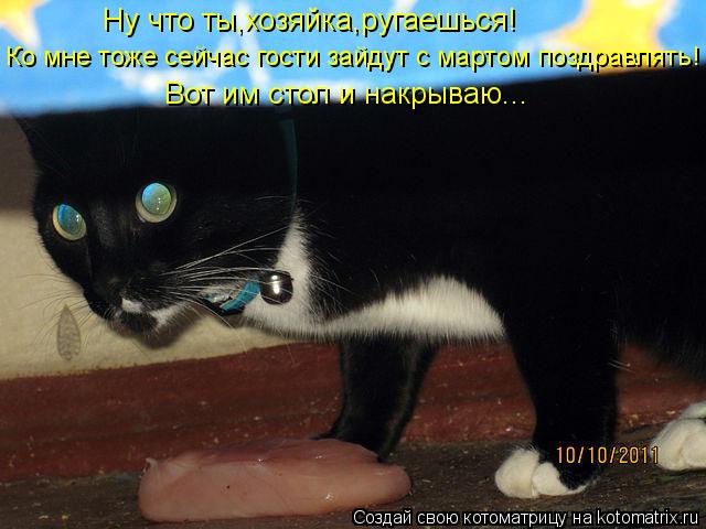 Ну что ты,хозяйка,ругаешься! Ко мне тоже сейчас гости зайдут с мартом поздравлять! Вот им стол и накр... Котоматрица: Ну что ты,хозяйка,ругаешься! Ко мне тоже сейчас гости зайдут с мартом поздравлять! Вот им стол и накрываю...