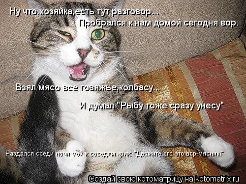 Ну что,хозяйка,есть тут разговор... Пробрался к нам домой сегодня вор. Взял мясо все говяжье,колбасу.... Котоматрица: Ну что,хозяйка,есть тут разговор... Пробрался к нам домой сегодня вор. Взял мясо все говяжье,колбасу... И думал "Рыбу тоже сразу унесу" Раздалс