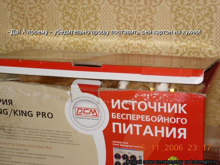 - Да! А посему - убедительно прошу поставить сей картон на кухню!... Котоматрица: - Да! А посему - убедительно прошу поставить сей картон на кухню!