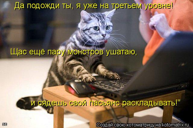 Да подожди ты, я уже на третьем уровне! Щас ещё пару монстров ушатаю, и сядешь свой пасьянс раскладыв... Котоматрица: Да подожди ты, я уже на третьем уровне! Щас ещё пару монстров ушатаю, и сядешь свой пасьянс раскладывать!"